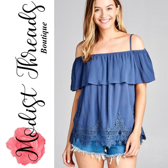 ⚡SALE⚡Blue Flounce Off The Shoulder Woven Crinkle - Picture 1 of 4